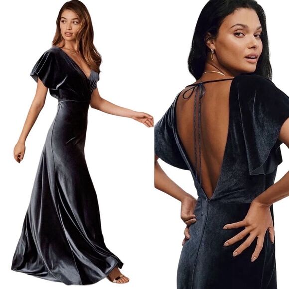 Jenny Yoo Women’s 2 Ellis Blue Velvet V Neck Open Back Tie Long Formal Dress 12 - Picture 1 of 15